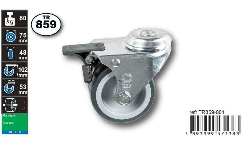 Image du produit Roulette Double Thermoplast. Rubber &Oslash; 75mm &agrave; il avec frein - Charge max 80kg - Hauteur tot. 102 mm