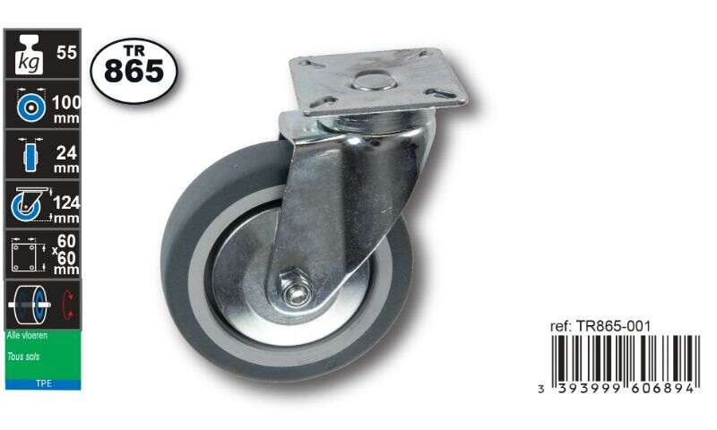 Image du produit Roulette Thermoplast. Rubber &Oslash; 100mm pivot.avec pare fils - Charge max 55kg - Hauteur tot. 124mm - Plateau 60 x 60 mm