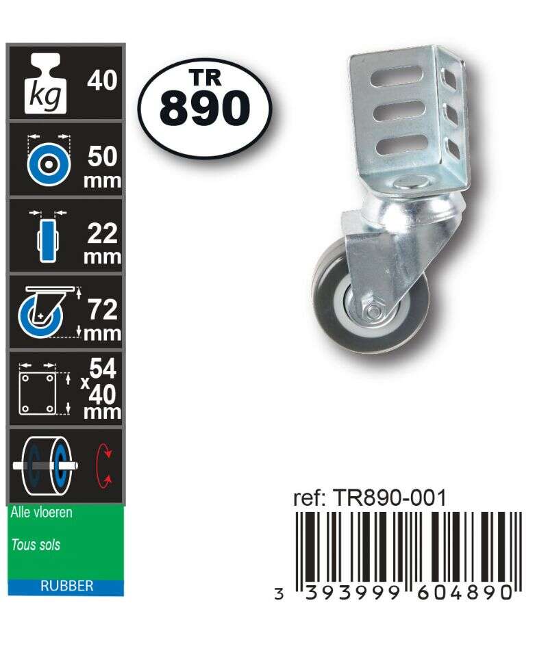 Image du produit Roulette PU (polyurethane) pivotante &Oslash; 50mm avec corni&egrave;re- Charge max 40kg - Hauteur tot. 72mm - Plateau 54 x 40 mm