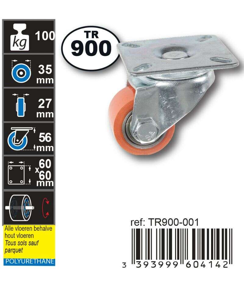 Image du produit Roulette PU (polyurethane) &Oslash; 35mm pivotante - Charge max 100kg - Hauteur tot. 53mm - Plateau 60 x 60 mm