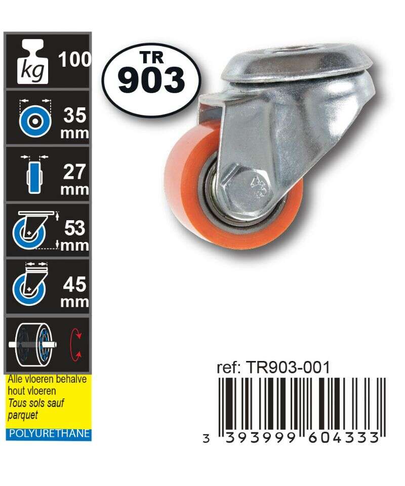 Image du produit Roulette PU (polyurethane) &Oslash; 35mm il central - Charge max 100kg - Hauteur tot. 56 mm