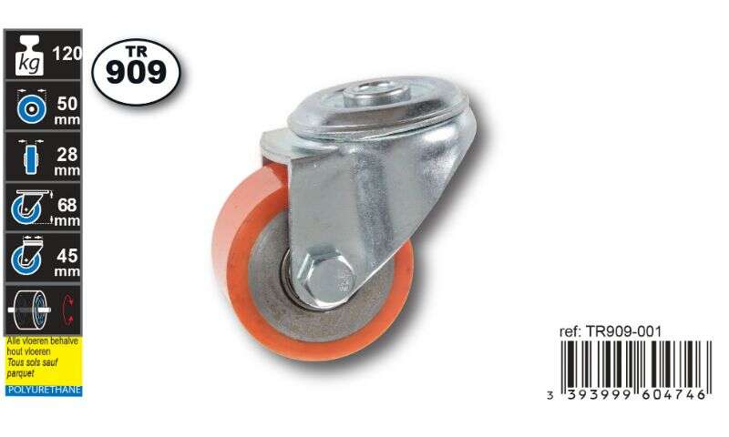 Image du produit Roulette PU (polyurethane) &Oslash; 50mm il central - Charge max 120kg - Hauteur tot. 68 mm