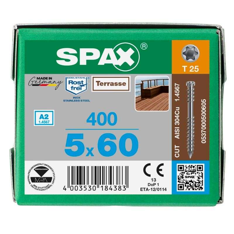 Image du produit SPAX&reg;- Vis Terrasse - &Oslash; 5 mm - T&ecirc;te Cylindrique - Inox A2 - T-STAR Plus (T25) - Filetage de Fixation CUT