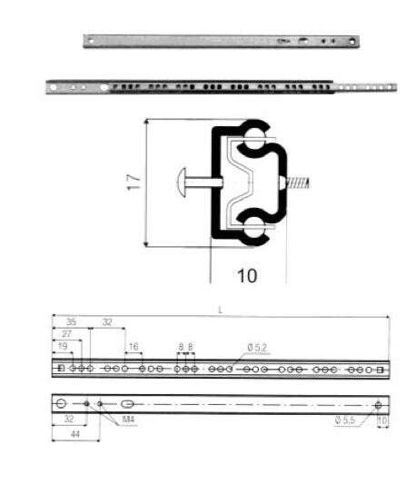 Image du produit Glissi&egrave;re Tiroir &agrave; billes - L&eacute;g&egrave;re - Zingu&eacute;e - Section 17 x 10 mm - Charge 10 Kg