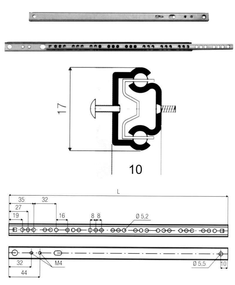 Image du produit Glissi&egrave;re Tiroir &agrave; billes - L&eacute;g&egrave;re - Zingu&eacute;e - Section 17 x 10 mm - Charge 10 Kg
