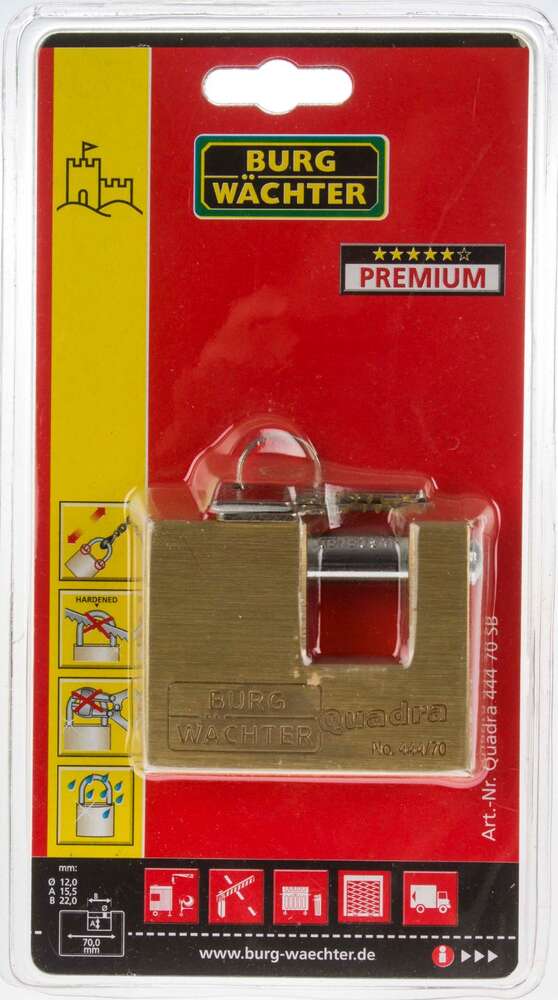 Image du produit BURGWACHTER - Cadenas &agrave; cl&eacute;s - Quadra Bloc anti-coupe - Laiton - &Oslash; 12 mm Dim Int Anse : 22 x 15,5 mm - H Totale : 55 mm