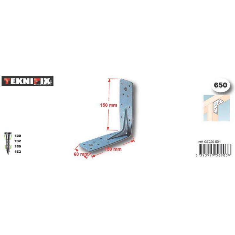 Image du produit Equerre d'assemblage - Mod&egrave;le Lourd - Zingu&eacute; - 150 x 150 x 60 x 2,5 mm