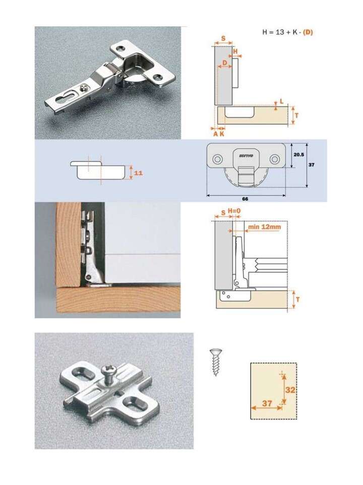 Image du produit Charni&egrave;re Salice H 94&deg; - Pour porte frigo type C2A et C2B - Embase 3 mm