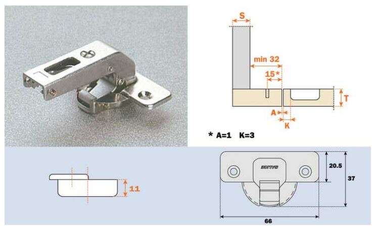 Image du produit Charni&egrave;re Salice J 94&deg; - &Oslash; 35 mm - Contre coud&eacute;e type C2A avec bras court - Embase 3 mm