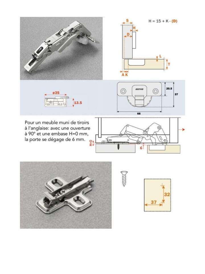 Image du produit Charni&egrave;re Salice + 155&deg; - &Oslash; 35 mm - En applique Silentia+ type C2A : coud&ucirc;re 0 - Embase 3 mm