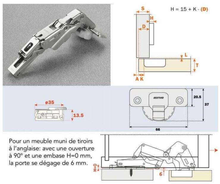 Image du produit Charni&egrave;re Salice + 155&deg; - &Oslash; 35 mm - En applique Silentia+ type C2A : coud&ucirc;re 0 - Embase 3 mm