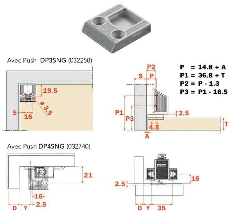 Image du produit Syst&egrave;me Va-et-vient Push type DP4SNG + But&eacute;e pour Charni&egrave;re Salice - Gris