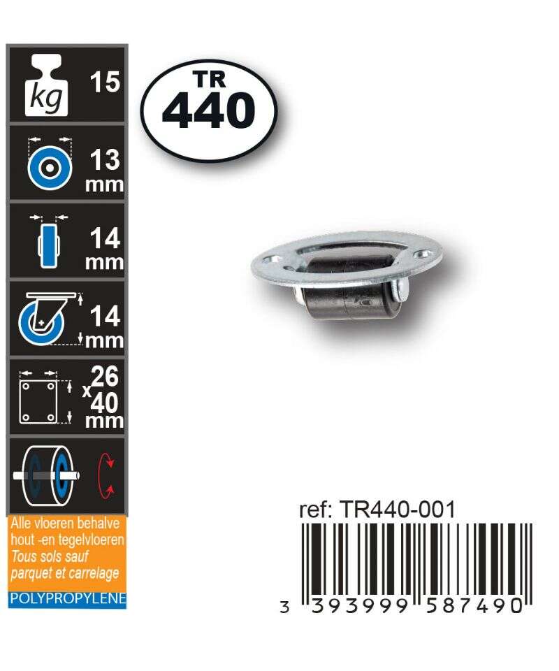 Image du produit Roulettes meuble fixe PP (polypropylene) &Oslash; 13mm - Charge max 15kg - Hauteur tot. 14mm - Plateau 26 x 40mm (2 pi&egrave;ces)