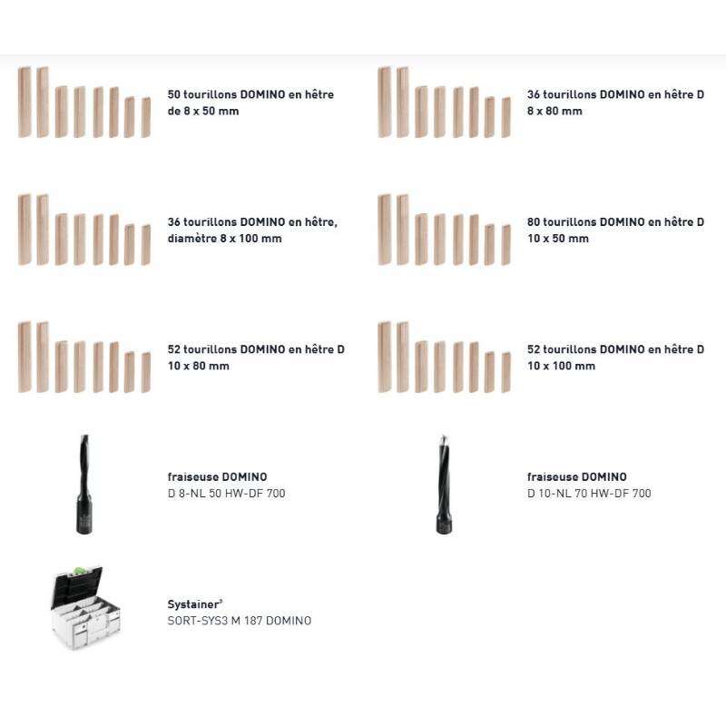 Image du produit FESTOOL - Coffret : Dominos en H&ecirc;tre DS/XL 8/10 : 8x50/80/100 + 10x50/80/100 mm (306 pcs) + Fraises Domino 8/10