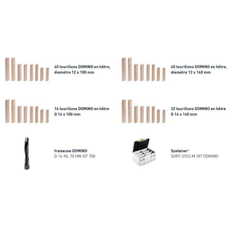 Image du produit FESTOOL - Coffret : Dominos en H&ecirc;tre DS/XL 12/14 : 12x100/140 + 14x100/140 mm (128 pcs) + Fraise Domino 14