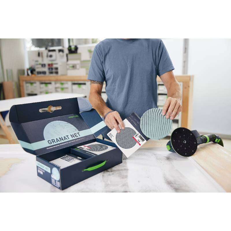 Image du produit FESTOOL - Abrasif 'Granat NET'- &Oslash; 150 mm - Kit de D&eacute;marrage (Bo&icirc;te contenant 60 pcs + 1 Coussinet de Protection)