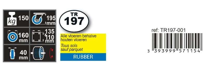 Image du produit Roulette Caoutchouc &Oslash; 160mm fixe - Charge max 150kg - Hauteur tot. 195mm - Plateau 135 x 110 mm