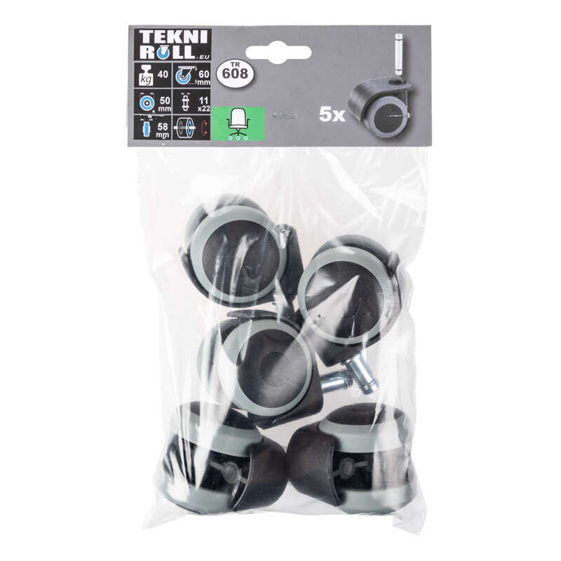 Image du produit Roulettes doubles &Oslash; 50mm sur tige 11x22mm pour chaises de bureau - Charge max 40kg - Hauteur tot. 80mm (12 pi&egrave;ces)