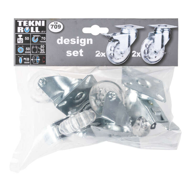 Image du produit Roulettes Design &Oslash; 50mm - Kit 4 pivotantes / 2 avec frein - Charge max 40kg - Hauteur tot. 70mm - Plateau 60 x 60 mm
