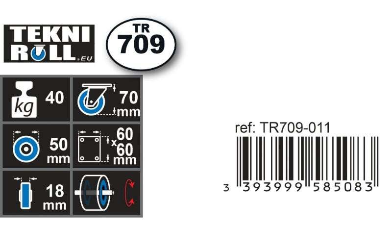 Image du produit Roulettes Design &Oslash; 50mm - Kit 4 pivotantes / 2 avec frein - Charge max 40kg - Hauteur tot. 70mm - Plateau 60 x 60 mm