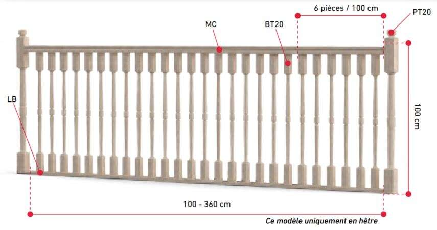 Image du produit Balustre / Fuseau Moderne (Garde-Corps / Escalier) BT20 SOGEM - H&ecirc;tre - 45 x 45 mm