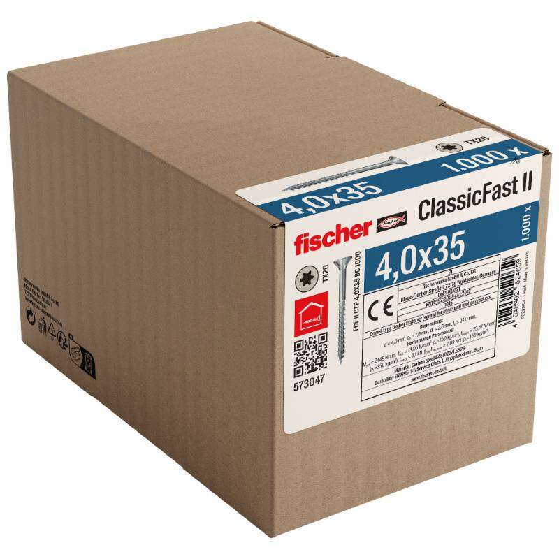 Image du produit FISCHER - Vis &agrave; panneau ClassicFast FCF II CTP - &Oslash; 4 mm - Zingu&eacute; - T&ecirc;te frais&eacute;e TX, Filetage partiel