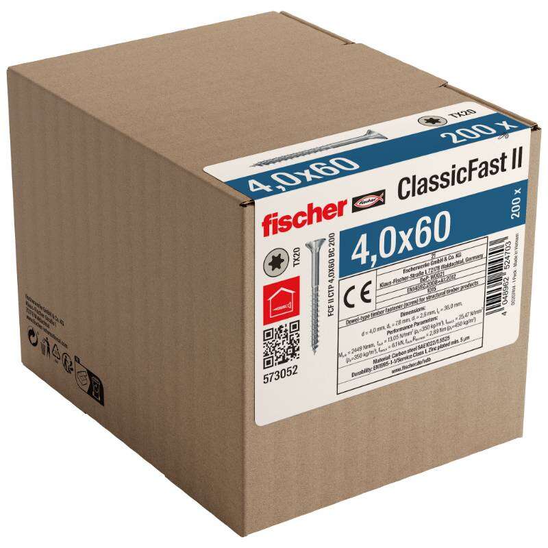 Image du produit FISCHER - Vis &agrave; panneau ClassicFast FCF II CTP - &Oslash; 4 mm - Zingu&eacute; - T&ecirc;te frais&eacute;e TX, Filetage partiel