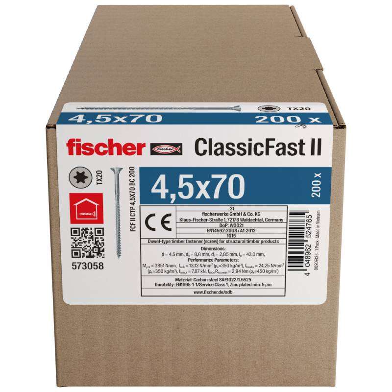 Image du produit FISCHER - Vis &agrave; panneau ClassicFast FCF II CTP - &Oslash; 4,5 mm - Zingu&eacute; - T&ecirc;te frais&eacute;e TX, Filetage partiel