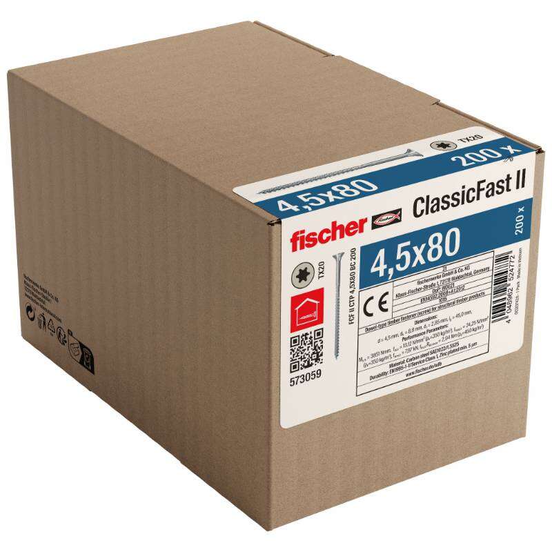 Image du produit FISCHER - Vis &agrave; panneau ClassicFast FCF II CTP - &Oslash; 4,5 mm - Zingu&eacute; - T&ecirc;te frais&eacute;e TX, Filetage partiel