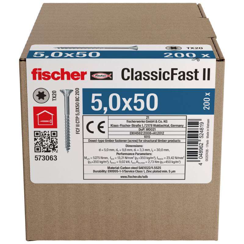 Image du produit FISCHER - Vis &agrave; panneau ClassicFast FCF II CTP - &Oslash; 5 mm - Zingu&eacute; - T&ecirc;te frais&eacute;e TX, Filetage partiel