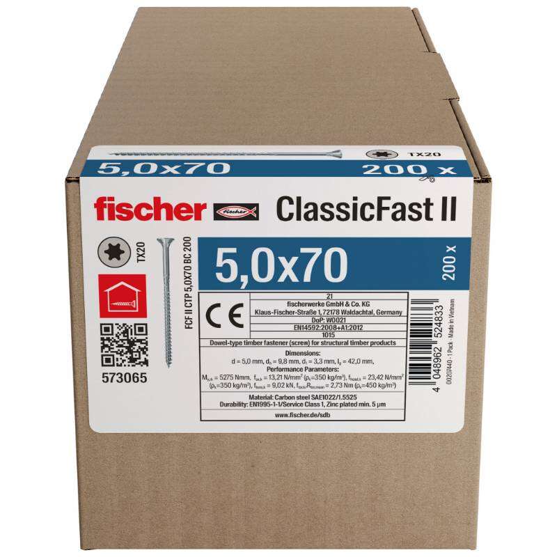 Image du produit FISCHER - Vis &agrave; panneau ClassicFast FCF II CTP - &Oslash; 5 mm - Zingu&eacute; - T&ecirc;te frais&eacute;e TX, Filetage partiel
