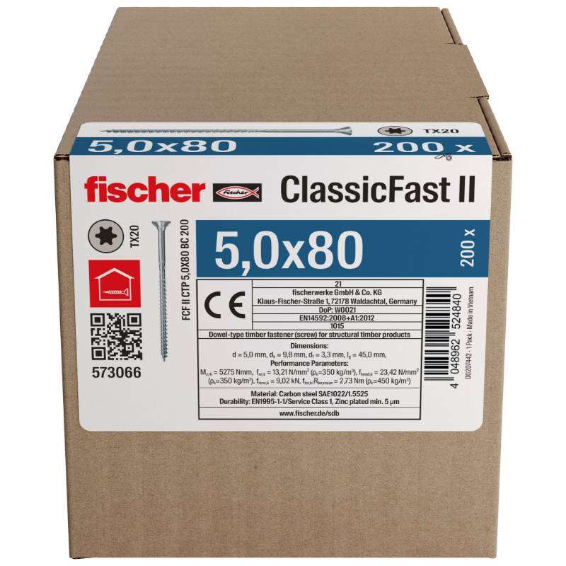 Image du produit FISCHER - Vis &agrave; panneau ClassicFast FCF II CTP - &Oslash; 5 mm - Zingu&eacute; - T&ecirc;te frais&eacute;e TX, Filetage partiel