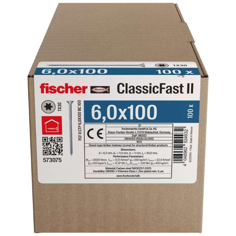 Image du produit FISCHER - Vis &agrave; panneau ClassicFast FCF II CTP - &Oslash; 6 mm - Zingu&eacute; - T&ecirc;te frais&eacute;e TX, Filetage partiel