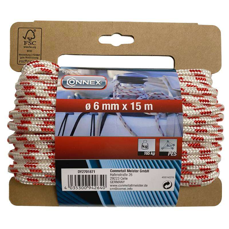 Image du produit Corde Polyester - Blanc/Rouge &Oslash; 6 mm -15 m - 165Kg