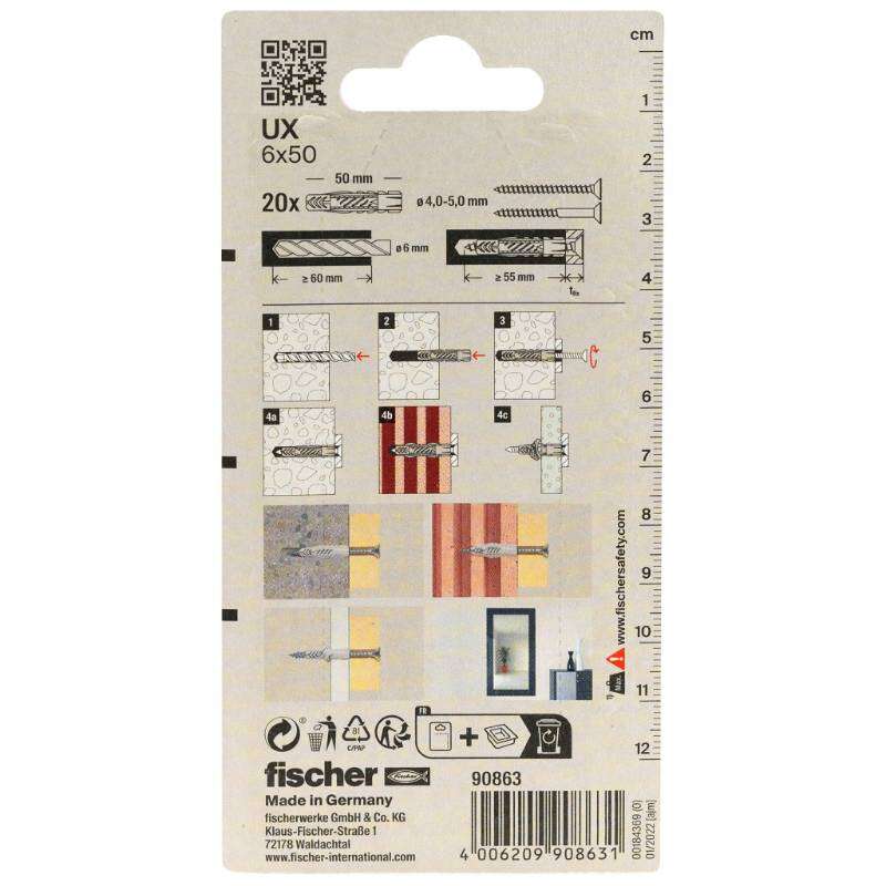 Image du produit FISCHER - Cheville tous mat&eacute;riaux UX, SANS collerette - &Oslash; 6 &agrave; 14 mm
