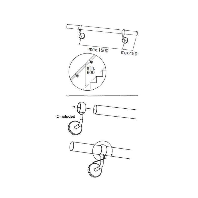 Image du produit Kordo - Main courante METAL (Pack) - Acier, finition Nickel bross&eacute; + 2 supports + 2 embouts - 2 m
