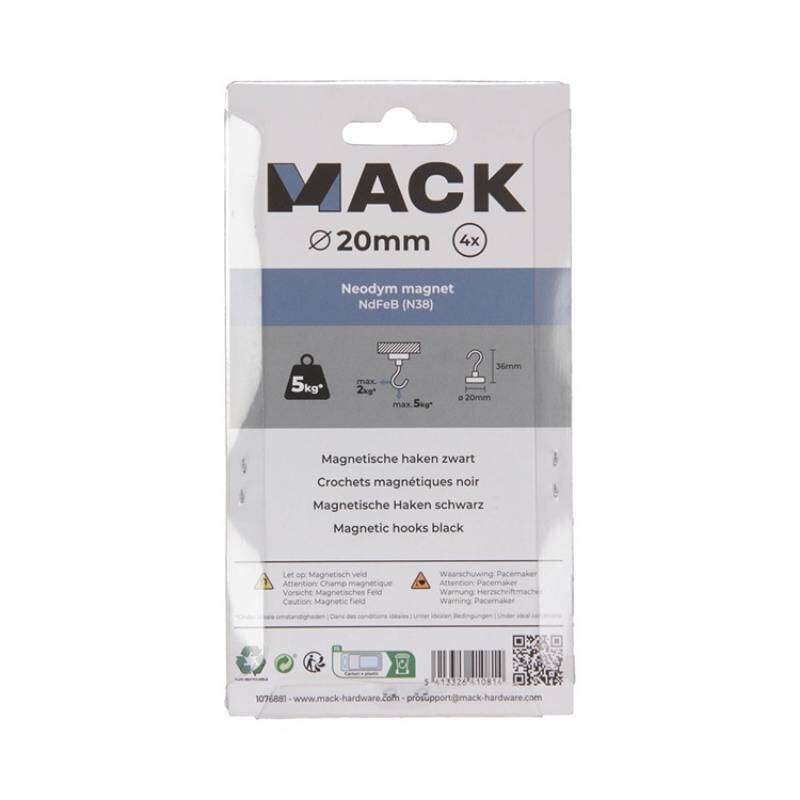 Image du produit Crochet Magn&eacute;tique - Noir - &Oslash; 20 x 36 mm - 5 Kg (4 pi&egrave;ces)