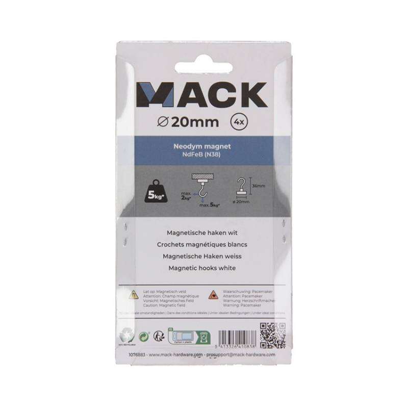 Image du produit Crochet Magn&eacute;tique - Blanc - &Oslash; 20 x 36 mm - 5 Kg (4 pi&egrave;ces)