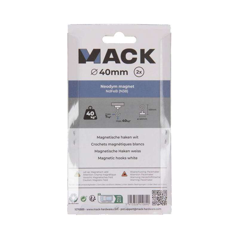 Image du produit Crochet Magn&eacute;tique - Blanc - &Oslash; 40 x 48 mm - 40 Kg (2 pi&egrave;ces)