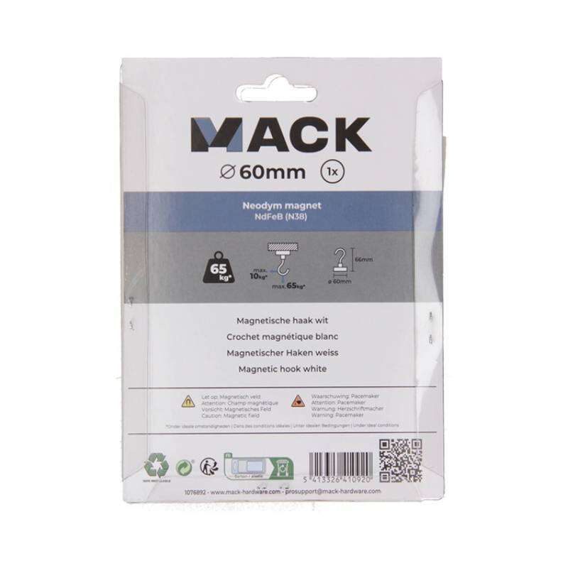 Image du produit Crochet Magn&eacute;tique - Blanc - &Oslash; 60 x 66 mm - 65 Kg (1 pi&egrave;ces)