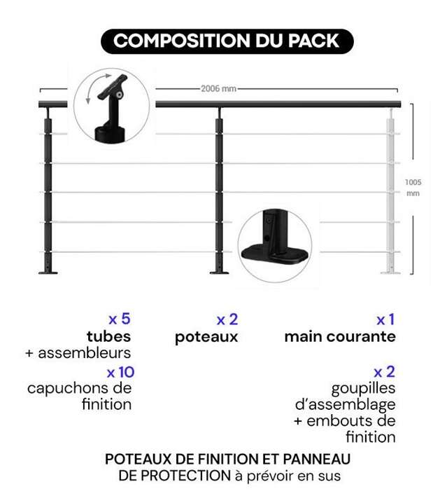 Image du produit Kordo - Garde-corps (en kit) OPALU - Alu NOIR - Pose &agrave; plat - 2 m