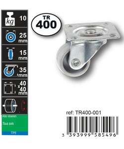 Image produit Roulette Meuble Polypropylene &Oslash; 25mm pivotante -Charge max 10kg - Hauteur tot. 35mm - Plateau 40 x 40 mm