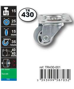 Image produit Roulette Meuble Thermoplast. Rubber &Oslash; 25mm pivotante - Charge max 15kg - Hauteur tot. 35mm - Plateau 40 x 40 mm