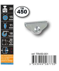 Image produit Roulette Meuble PP (polypropylene) &Oslash; 15mm fixe - Charge max 20kg - Hauteur tot. 18mm -Plateau 30 x 17 mm