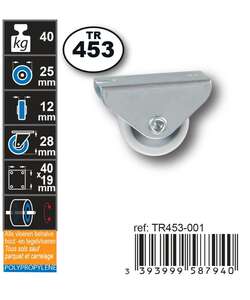 Image produit Roulette Meuble PP (polypropylene) &Oslash; 25mm fixe - Charge max 40kg - Hauteur tot. 28mm - Plateau 40 x 19 mm