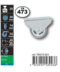 Image produit Roulette Meuble Thermoplast. Rubber &Oslash; 30mm fixe - Charge max 35kg - Hauteur tot. 34mm - Plateau 45 x 20 mm