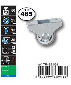 Image produit Roulette Meuble double Thermoplastic Rubber &Oslash; 25mm fixe - Charge max 50kg - Hauteur tot. 30mm - Plateau 42 x 20 mm