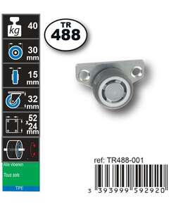 Image produit Roulette Later&eacute;ale Thermoplastic Rubber &Oslash; 30mm Charge max 40kg - Hauteur tot. 32mm - Plateau 52 x 24 mm