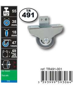 Image produit Roulette Lat&eacute;rale Thermoplastic Rubber &Oslash; 38mm - Charge max 55kg - Hauteur tot. 45mm - Plateau 68 x 26 mm