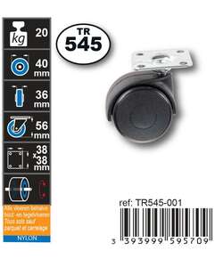 Image produit Roulette Double Polyamide &Oslash; 40mm sur plaque -Charge max 20kg - Hauteur tot. 56mm -Plateau 38 x 38 mm